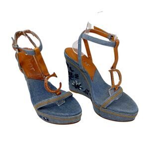 Christian Dior Galliano Denim Floral Embroidered CD Wedge Sandals Size 37